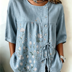 Women Floral Crew Neck Half Sleeve Shirt Vintage Daily Summer Top, JustFashionNow Shirts, color:Blue|size:5XL