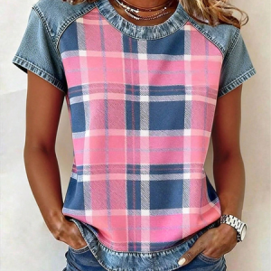 Women Plaid Short Sleeve Tee T-shirt Crew Neck Printing Vintage Summer Top, JustFashionNow T-Shirts, color:Pink|size:4XL