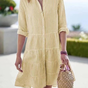 Women Striped Long Sleeve Shawl Collar Printing Dress Daily Vintage Midi Shirt Dress A-Line Spring/Fall Dress, JustFashionNow Dresses, color:Yellow|size:XS