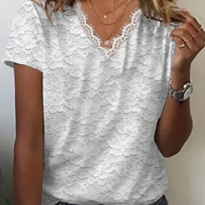 Women Floral Short Sleeve Tee T-shirt V Neck Printing Casual Summer Graphic Tee Top, JustFashionNow T-Shirts, color:White|size:4XL