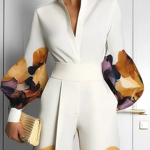 Elegant Random Print Printing Stand Collar Balloon Sleeve Shirt, Blouses and Shirts, color:As Picture|size:XXL, Stylewe