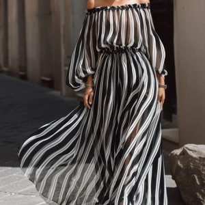 Elegant Striped Off The Shoulder Maxi Dress, Maxi Dresses, color:Black|size:XXL, Stylewe