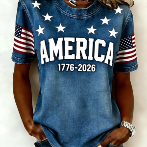 Women Independence Day (Flag) Short Sleeve Tee T-shirt Crew Neck Printing Casual Graphic Tee Summer Top, JustFashionNow T-Shirts, color:Blue|size:XXL