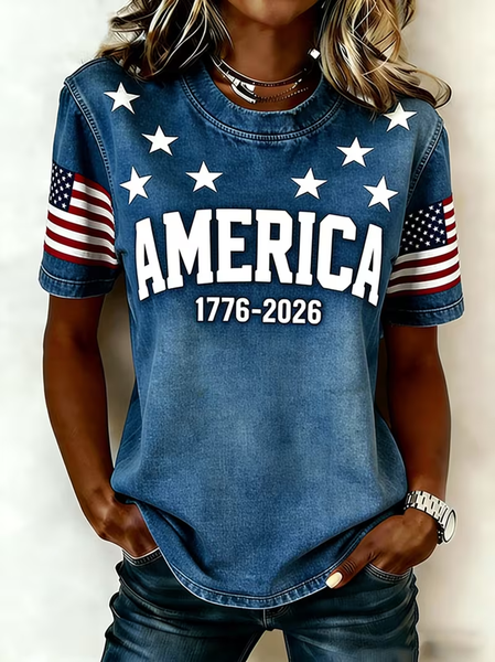 Women Independence Day (Flag) Short Sleeve Tee T-shirt Crew Neck Printing Casual Graphic Tee Summer Top, JustFashionNow T-Shirts, color:Blue|size:XXL