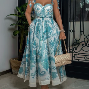 Vacation Random Print Printing Spaghetti Maxi Dress With Belt, Maxi Dresses, color:As Picture|size:XXL, Stylewe
