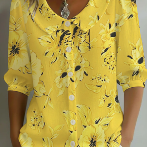 Women Floral Shawl Collar Half Sleeve Shirt Printing Casual Daily Summer Top, JustFashionNow Shirts, color:Yellow|size:5XL