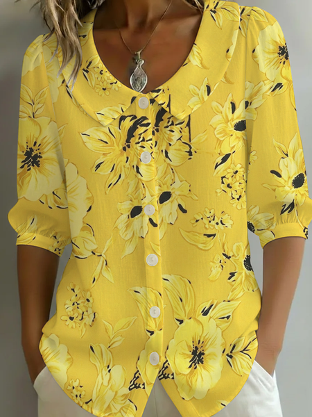 Women Floral Shawl Collar Half Sleeve Shirt Printing Casual Daily Summer Top, JustFashionNow Shirts, color:Yellow|size:5XL