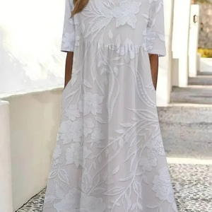 Women Floral Short Sleeve Summer Printing Dress Crew Neck Daily Casual Maxi Shift Dress H-Line Dress, JustFashionNow Casual Dresses, color:White|size:4XL