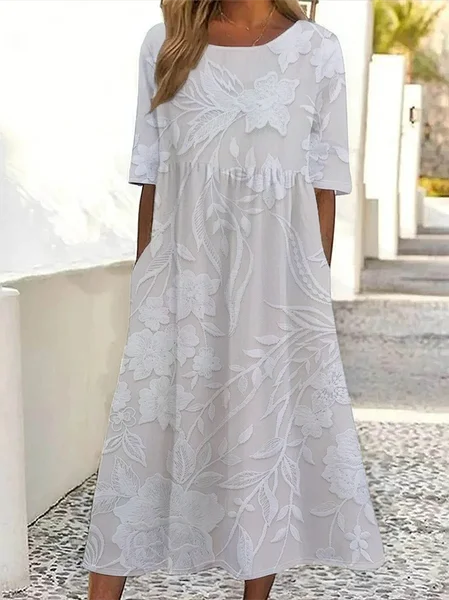 Women Floral Short Sleeve Summer Printing Dress Crew Neck Daily Casual Maxi Shift Dress H-Line Dress, JustFashionNow Casual Dresses, color:White|size:4XL