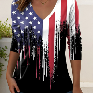Women America Flag Long Sleeve Tee T-shirt V Neck Printing Casual Graphic Tee Spring/Fall Top, JustFashionNow T-Shirts, color:Black|size:4XL
