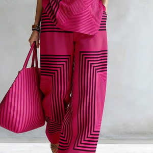 Urban Geometric Stripe Wide Leg Pants High Waist Flowy Office Trousers, Pants, color:Rose Red|size:XXL, Stylewe