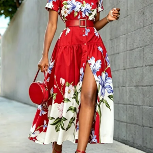 Elegant Floral Shirt Collar Maxi Dress No Belt, Maxi Dresses, color:As Picture|size:XXL, Stylewe