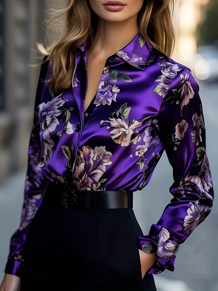 Women Floral Shawl Collar Long Sleeve Shirt Casual Daily Spring/Fall Top, JustFashionNow Shirts, color:Purple|size:XXL - Image 2