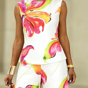 Vacation Floral Printing Crew Neck Tank Top, Tanks and Camis, color:As Picture|size:XXL, Stylewe