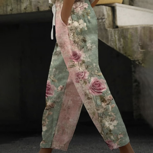 Women Floral Long Pants Casual Spring/Fall Trousers, JustFashionNow Pants, color:Green|size:4XL