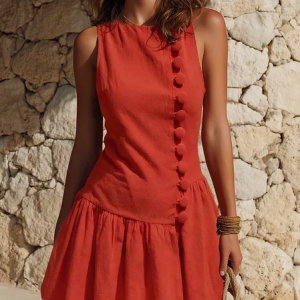 Elegant Plain Buttoned Boat Neck Mini Dress, Mini Dresses, color:Brick Red|size:XXL, Stylewe