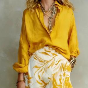 Cotton Elegant Plain Printing Shirt Collar Shirt, Blouses and Shirts, color:Yellow|size:XXL, Stylewe