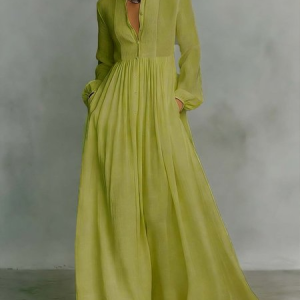 Casual Cotton Linen Maxi Dress High Waist Stand Collar Daily, Maxi Dresses, color:Green|size:S, Stylewe