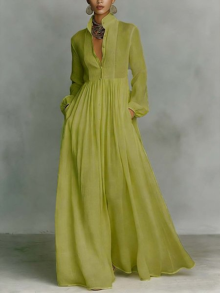 Casual Cotton Linen Maxi Dress High Waist Stand Collar Daily, Maxi Dresses, color:Green|size:S, Stylewe