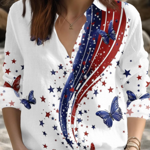 Women America Flag Shirt Collar Long Sleeve Shirt Casual Daily Spring/Fall Top, JustFashionNow Blouses, color:White|size:XXL