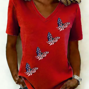 Women Butterfly Short Sleeve Tee T-shirt V Neck Printing Vintage Summer Top, JustFashionNow T-Shirts, color:Red|size:4XL