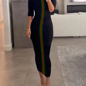 Casual Color Block Classic Tight Crew Neck Bodycon Dress, Midi Dresses, color:Black|size:XXL, Stylewe