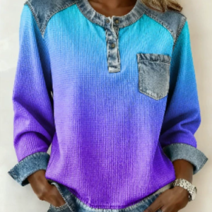 Women Color Block Crew Neck Long Sleeve Blouse Casual Daily Spring/Fall Top, JustFashionNow Shirts, color:Multicolor|size:5XL