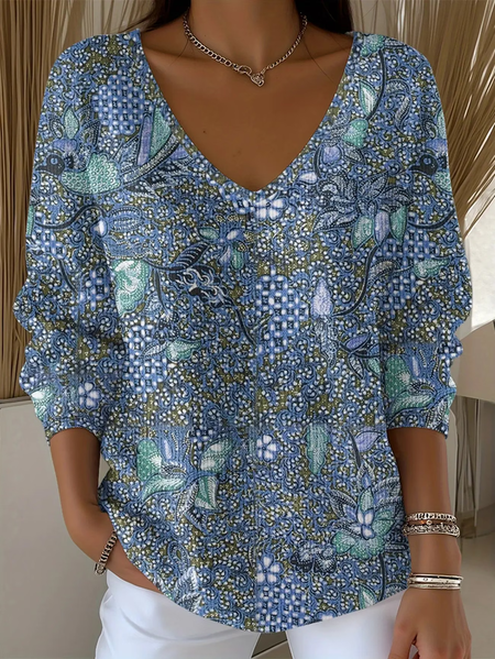 Women Abstract Long Sleeve Tee T-shirt V Neck Printing Casual Spring/Fall Top, JustFashionNow T-Shirts, color:Blue|size:4XL - Image 3