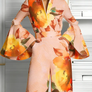 Elegant Floral Printing Stand Collar Bell Sleeve Blouse, Blouses and Shirts, color:As Picture|size:XXL, Stylewe