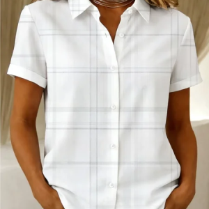 Women Plaid Shirt Collar Short Sleeve Shirt Printing Casual Daily Summer Top, JustFashionNow Shirts, color:White|size:XXL