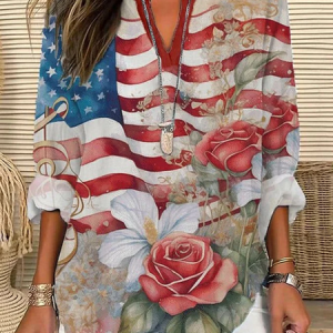 Women Floral V Neck Long Sleeve Blouse Printing Casual Daily Spring/Fall Top, JustFashionNow Shirts, color:As Picture|size:5XL