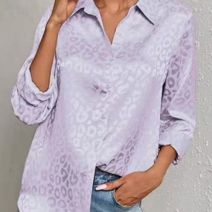 Women Leopard V Neck Long Sleeve Shirt Jacquard Casual Daily Spring/Fall Top, JustFashionNow Blouses, color:Purple|size:XXL