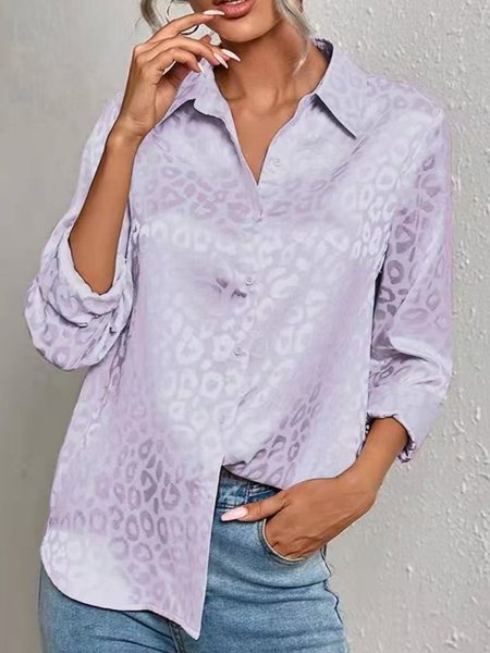 Women Leopard V Neck Long Sleeve Shirt Jacquard Casual Daily Spring/Fall Top, JustFashionNow Blouses, color:Purple|size:XXL