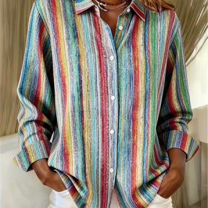 Women Abstract Stripes Shirt Collar Long Sleeve Shirt Buckle Casual Daily Spring/Fall Top, JustFashionNow Shirts, color:As Picture|size:4XL