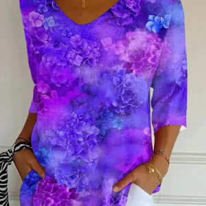 Women Floral Three Quarter Sleeve Tee T-shirt V Neck Printing Casual Graphic Tee Spring/Fall Top, JustFashionNow T-Shirts, color:Purple|size:5XL