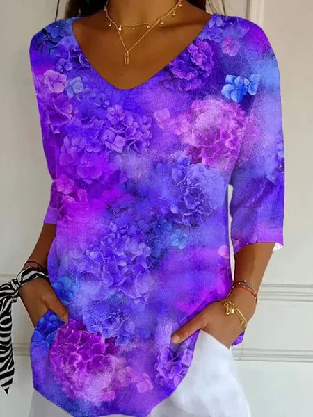 Women Floral Three Quarter Sleeve Tee T-shirt V Neck Printing Casual Graphic Tee Spring/Fall Top, JustFashionNow T-Shirts, color:Purple|size:5XL