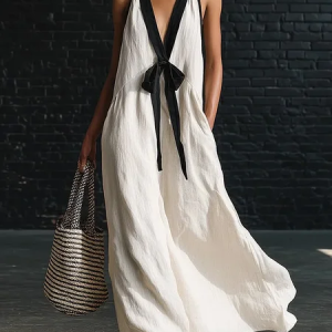 Casual Color Block V Neck Cotton And Linen Maxi Dress, Maxi Dresses, color:Off White|size:XXL, Stylewe