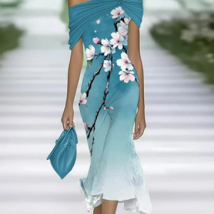 Women Floral Cap Sleeve Cold Shoulder Printing Dress Daily Vintage Maxi H-Line Summer Dress, JustFashionNow Casual Dresses, color:Cyan|size:4XL