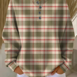 Women Plaid Crew Neck Printing Casual Spring/Fall Long Sleeve Sweatshirt, JustFashionNow Sweatshirts & Hoodies, color:Khaki|size:5XL