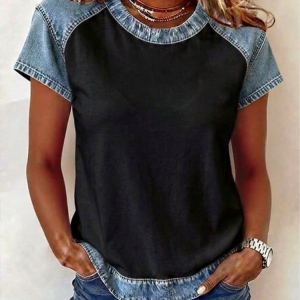 Women Plain Short Sleeve Tee T-shirt Crew Neck Vintage Summer Top, JustFashionNow T-Shirts, color:Black|size:4XL