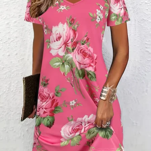 Women Floral Short Sleeve V Neck Printing Dress Daily Casual Midi Classic A-Line Summer Dress, JustFashionNow Casual Dresses, color:Pink|size:4XL