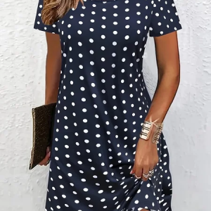 Women Polka Dots Short Sleeve Crew Neck Printing Dress Daily Casual Midi T-Shirt Dress A-Line Summer Dress, JustFashionNow Casual Dresses, color:Navyblue|size:5XL