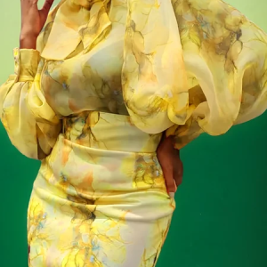 Elegant Floral Printing Balloon Sleeve Shirt, Blouses and Shirts, color:Yellow|size:XXL, Stylewe