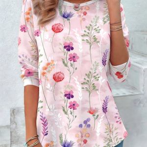 Women Floral Long Sleeve Tee T-shirt Crew Neck Elegant Spring/Fall Top, JustFashionNow T-Shirts, color:Pink|size:5XL