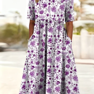 Women Floral Short Sleeve Crew Neck Printing Dress Daily Casual Maxi Shift Dress H-Line Summer Dress, JustFashionNow Casual Dresses, color:Purple|size:4XL