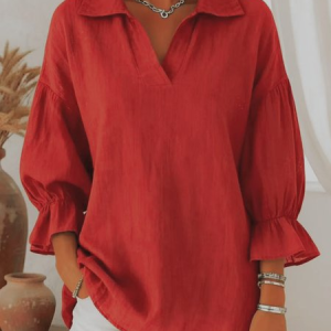 Women Plain Shawl Collar Three Quarter Sleeve Shirt Split Joint Puff Sleeve Casual Daily Spring/Fall Top, JustFashionNow Blouses, color:Red|size:3XL