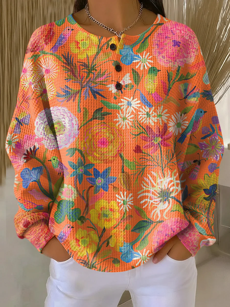 Women Floral Crew Neck Printing Casual Spring/Fall Long Sleeve Sweatshirt, JustFashionNow Sweatshirts & Hoodies, color:Orange|size:5XL - Image 2