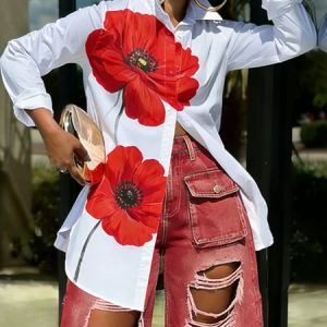 Casual Floral Printing Shirt Collar Shirt, Blouses and Shirts, color:White-Red|size:XXL, Stylewe