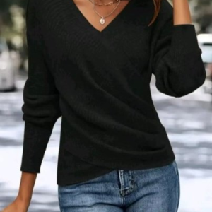 Women Plain Split Joint Street Long Sleeve V Neck Cotton-Blend Spring/Fall Sweater, JustFashionNow Sweaters, color:Black|size:XXL