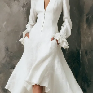 Vacation Cotton And Linen Plain Ruffle Sleeve Zipper  Midi Dress, Midi Dresses, color:White|size:XXL, Stylewe